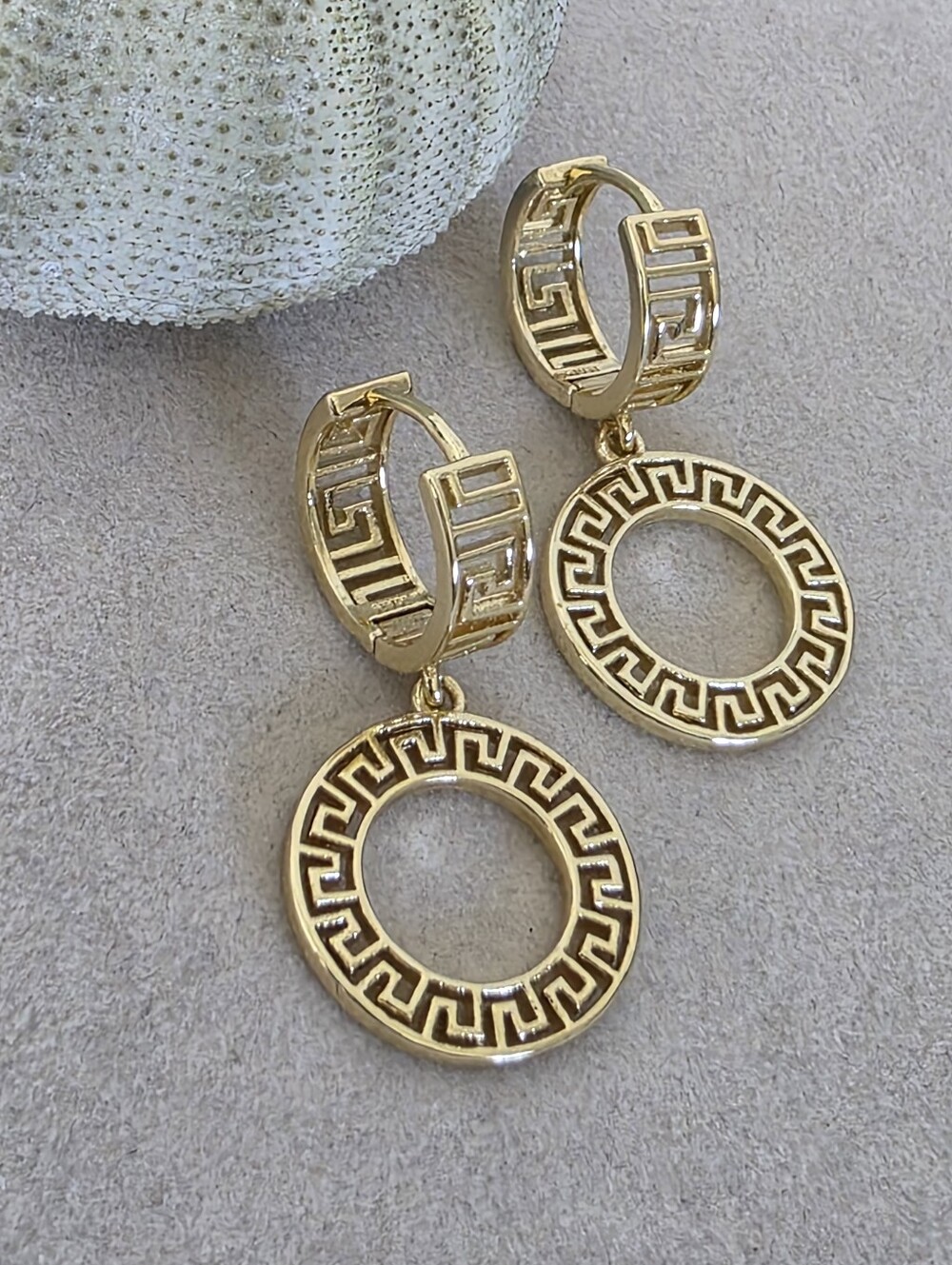 ​Gold Filled Greek Key Meander Dangle Huggie Hoop Earrings Luxe Style